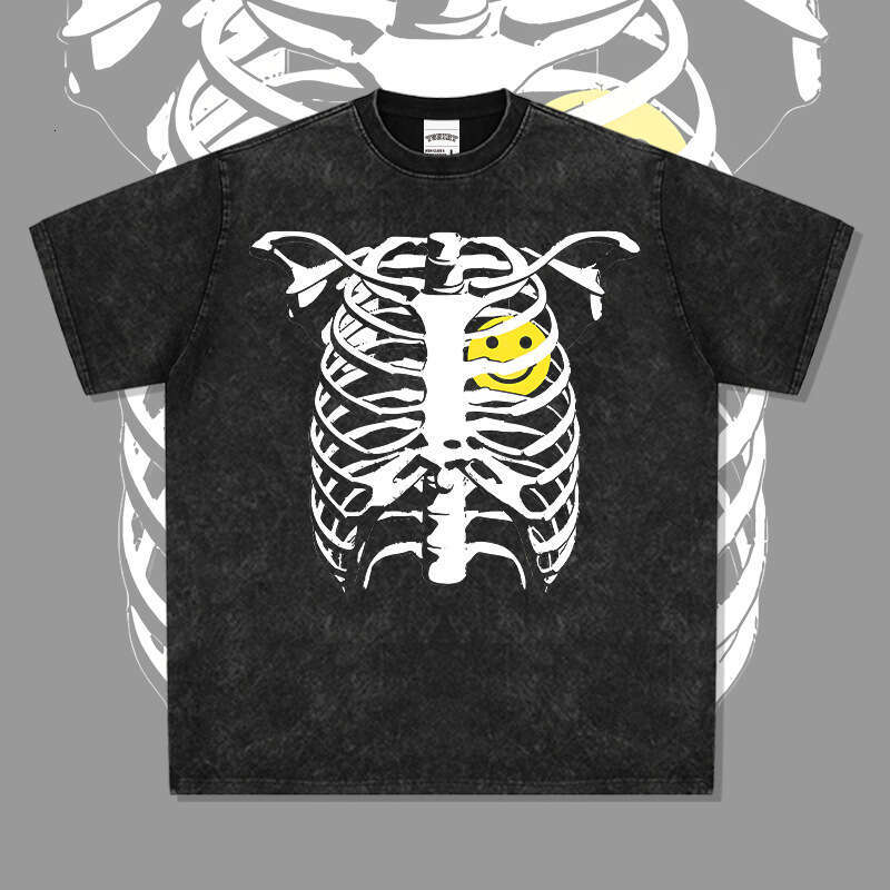 Skeleton short sleeved summer new trendy high street pure cotton T-shirt top loose round neck hooded sweatshirt