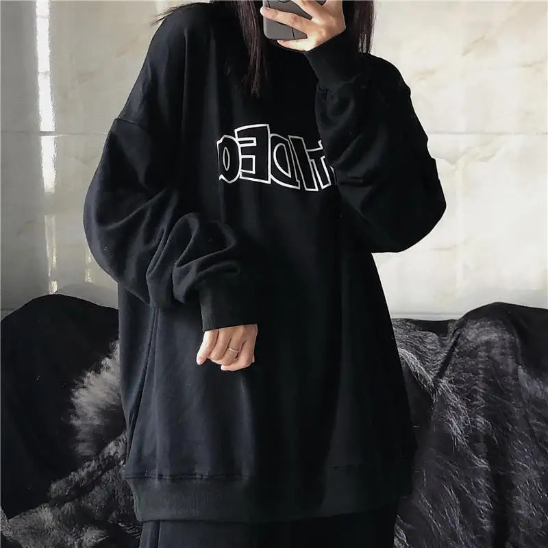 Lazy Style Print Letter Loose Hoodies Sweatshirts Spring Autumn Thin Solid Street Casual Pullovers Vintage Trend Women Clothing 241223