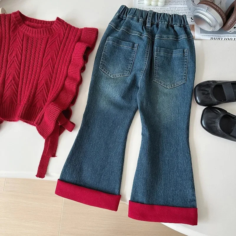 3Pcs Girls Suits Autumn Winter Long Sleeve ShirtKnitted Sweaters VestJeans Children Casual Costumes Toddler Girl Outfits Set 241225