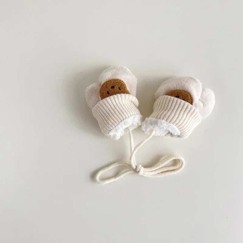 Warm Furry Young Kids Mittens for Boy Girl Cute Cartoon Bear Plush Glove Toddler Autumn Winter Outdoor Neck Lanyard 241225