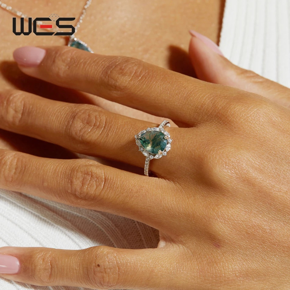WES 925 sterling silver natural unique green moss agate ring womens water droplet jewelry wedding gift box engagement wholesale 241226