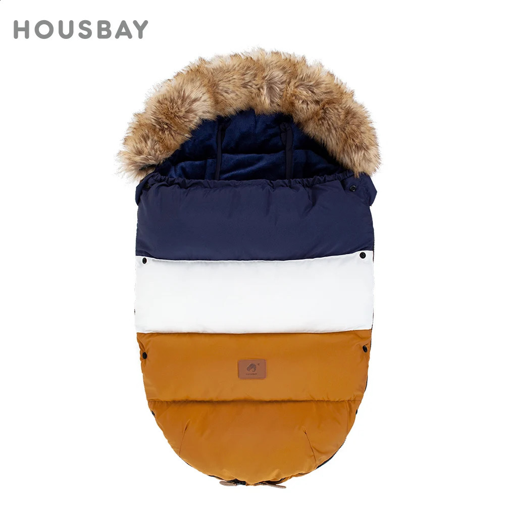 Winter Stroller Footmuff 024Months Baby Envelope Sack Navy Blue Patchwork Windproof Removable Fur Collar For Universal Pram 241225