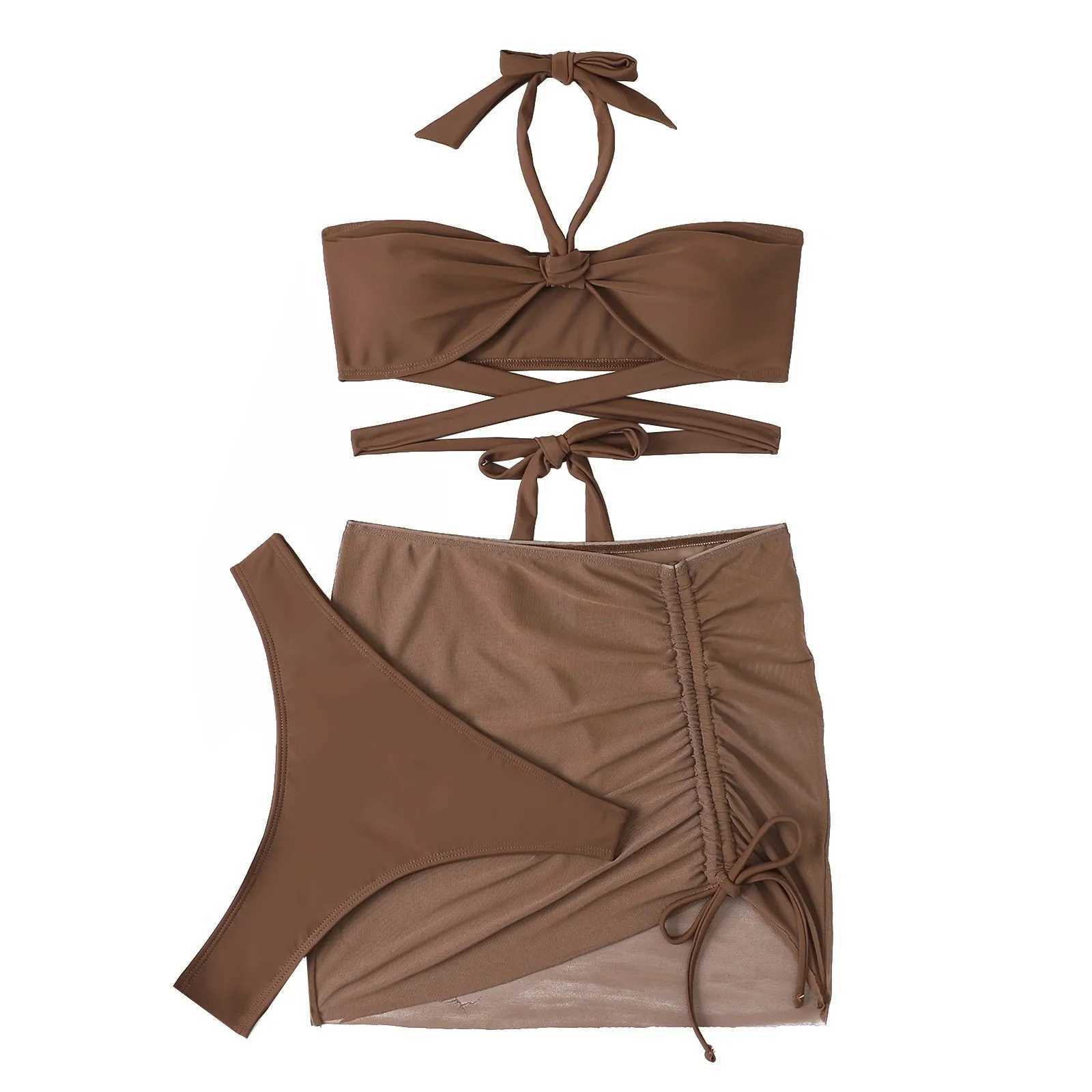 Summer 2024 New 3-Piece Swimsuit Womens High Waist Swimsuit Sexy Lace Up Micro Bikini SetW241225