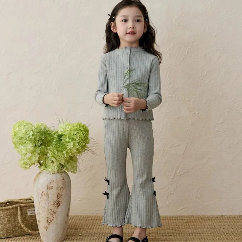 Spring Girls Clothes Sets Cotton Long Sleeve Knitted Cardigan Wide Leg Pants Suits Kids Casual Outfits Childrens 241225