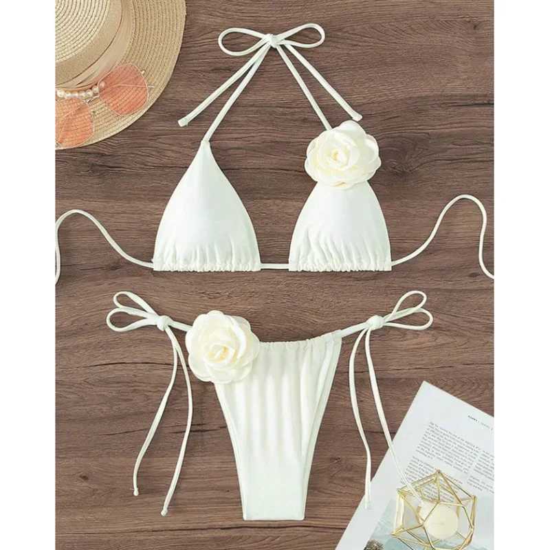 Summer womens solid color swimsuit sexy backless pure cotton swimsuit fashionable suspension split bikini setW241225