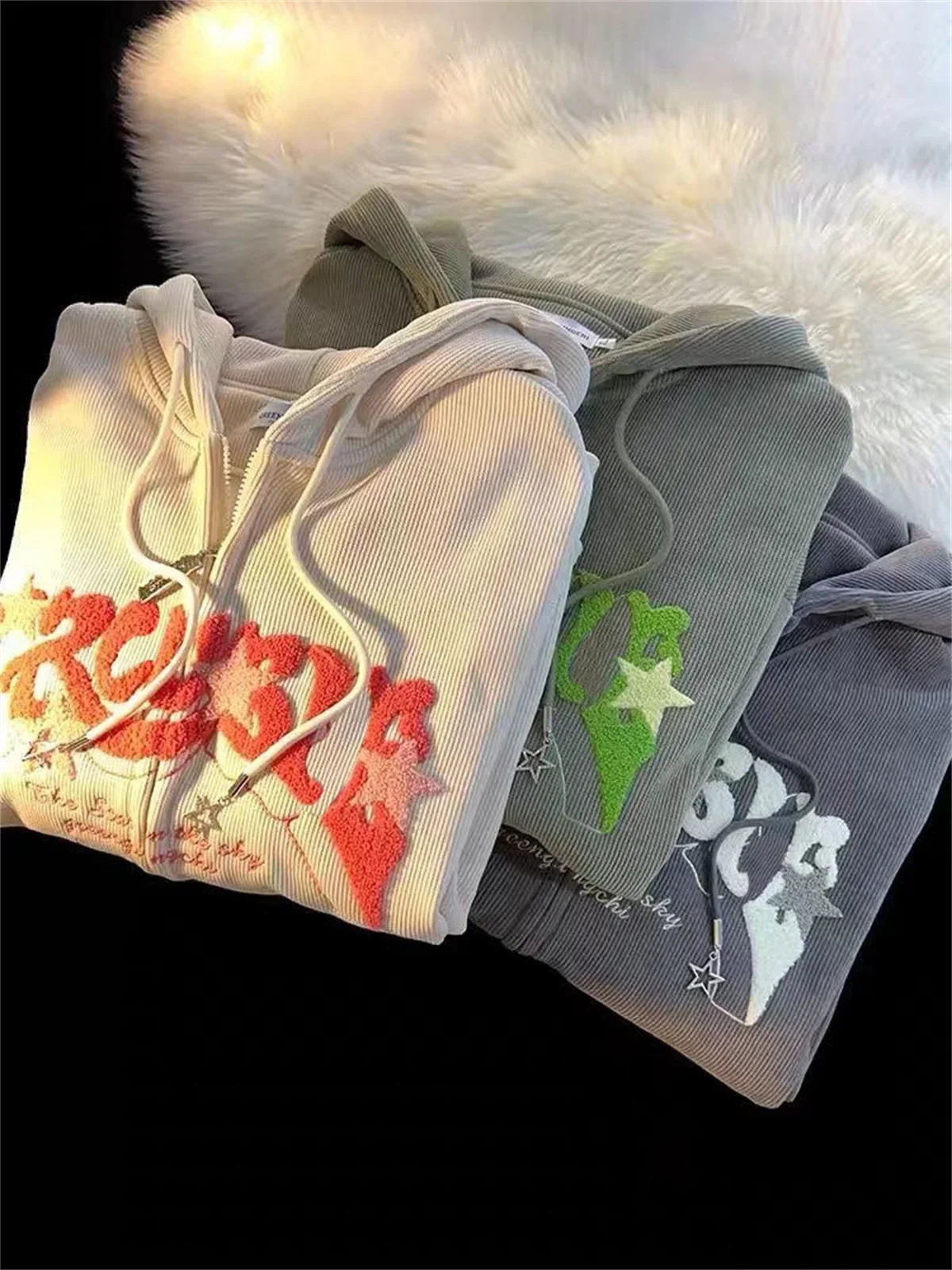 Women Y2K Embroidery Retro Hoodies Autumn Winter Corduroy Zip Up Hoodie Long Sleeve Fashion Loose Graphic Sweatshirt Casual Coat 241225