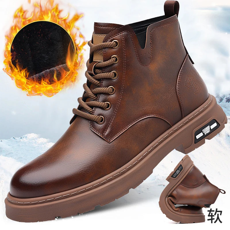 Italian Mens Boots High Top Outdoor Plush y Business Casual Leather Ankle Men Platform Round Toe Boot 241225