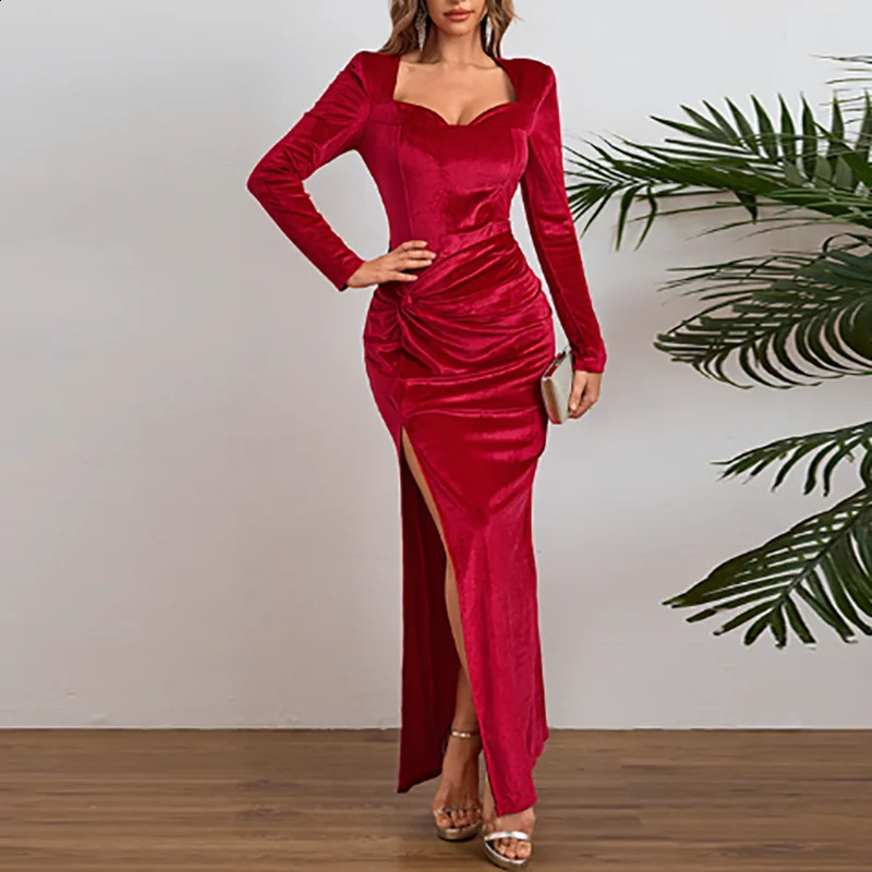 Autumn Velvet Solid Color Slim Party Dresses Womens Elegant Square Neck High Waist A-line Dress Sexy Split Pleated Long Dresses 241224