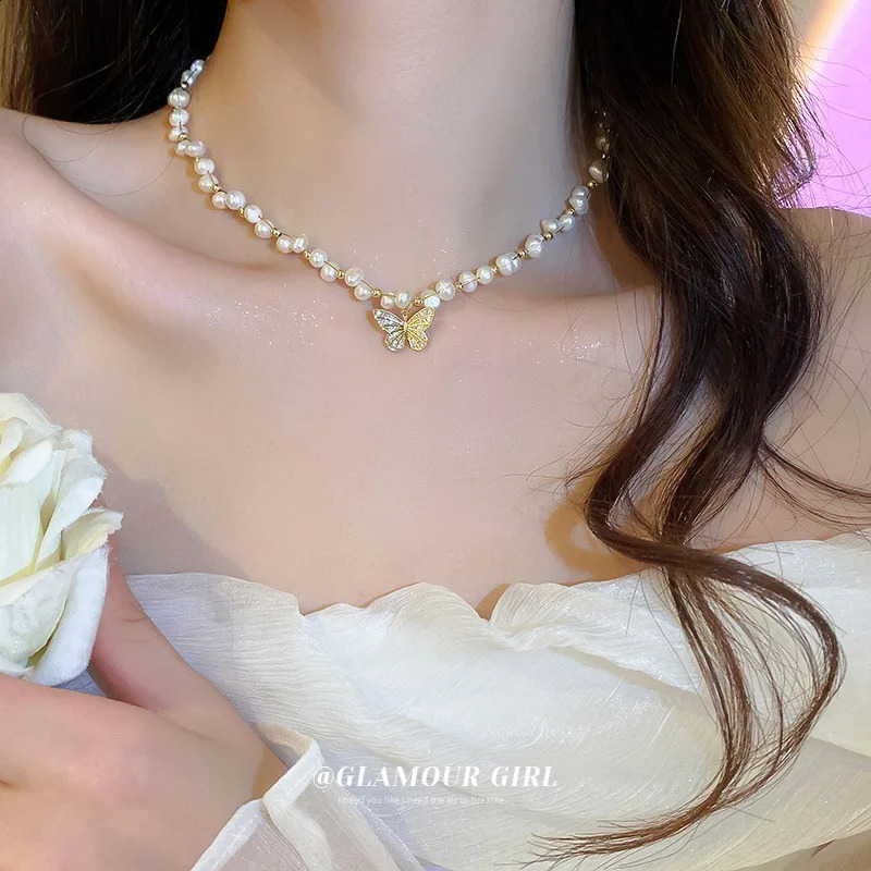 Elegant Butterfly Shiny Crystal Natural Freshwater Baroque Pearl 14K Gold Filled Ladies Necklace Jewelry For Women Short Chain 241226