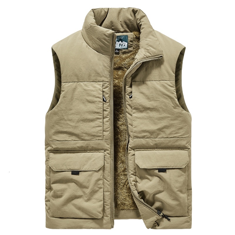 Autumn Winter Men's Fleece Thickened Waistcoat Plus Size Outdoor Warm Cargo Male Multi Pocket Standing Collar Casual Vest