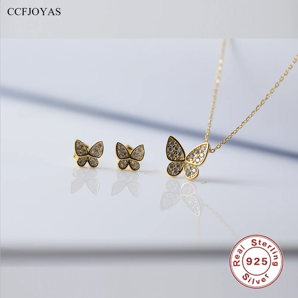 CCFJOYAS 925 Sterling Silver Super Fairy Pave Zircon Butterfly Earrings/Necklace Set for Women Simple Party Wedding Jewelry Set 241226