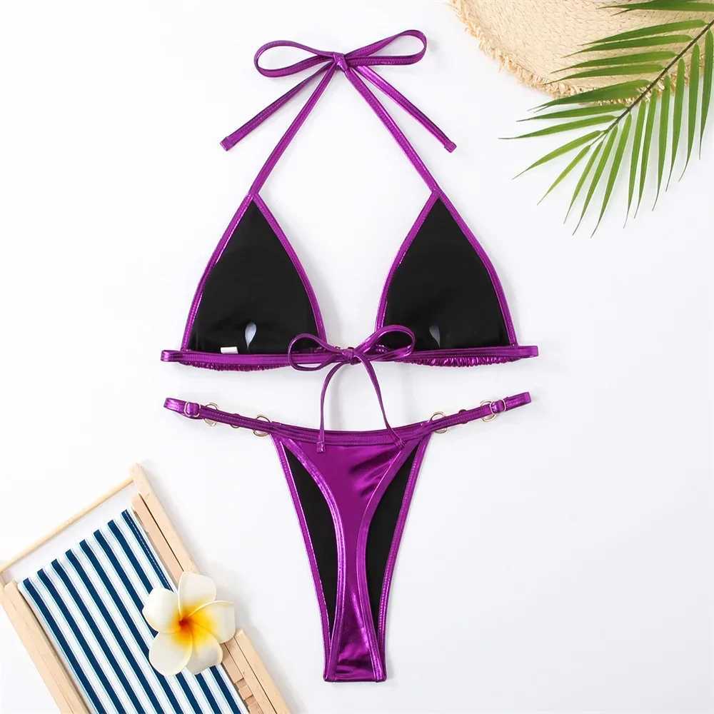 Silver Mini Bikini Beaded Chain Triangle Swimsuit Strap Beaded Backless Swimsuit Y2K Womens Bikini Beach SetW241225
