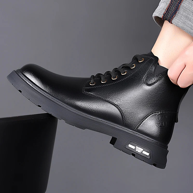 Italian Mens Boots High Top Outdoor Plush y Business Casual Leather Ankle Men Platform Round Toe Boot 241225