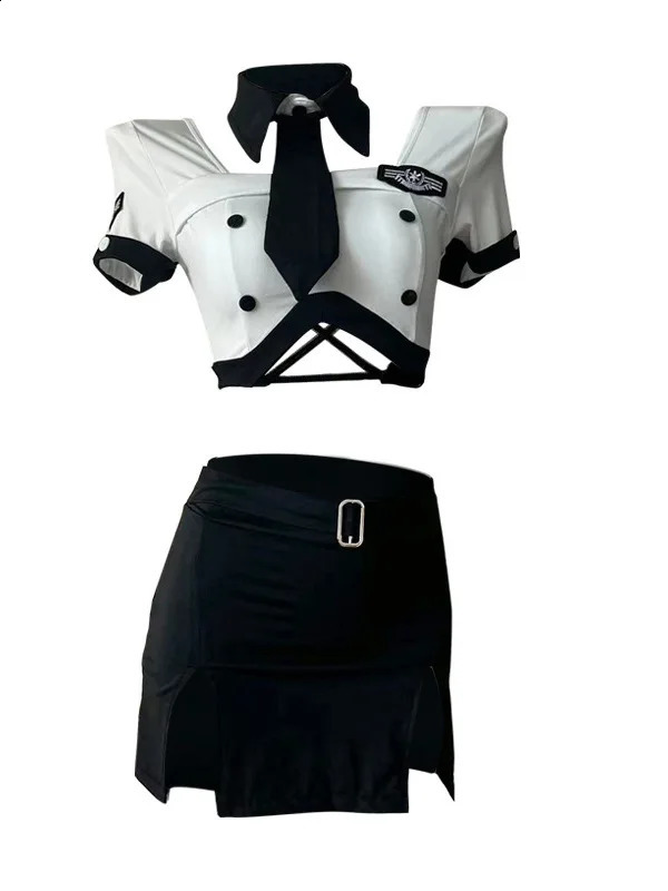 Fashion Uniform Blue Skirts Set Female Sexy Flight Attendant Uniform Sexy Gown Bandage Off Shoulder Top Jk Uniform 8TLR 241226