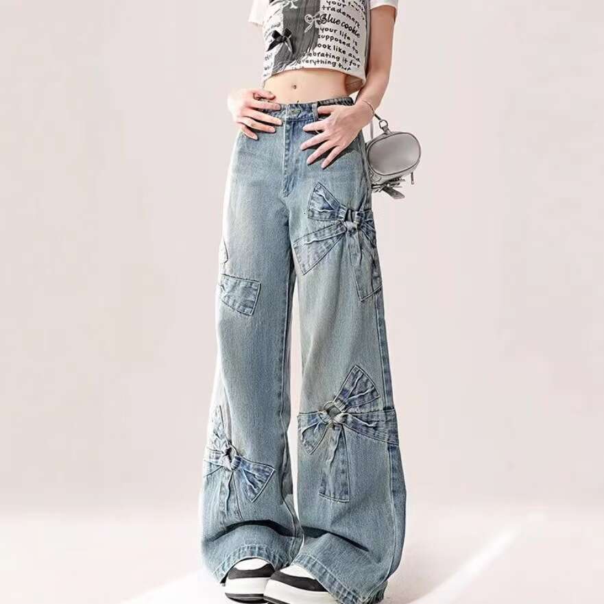 Women Blue Bow Jeans Haruku Y2k Japanese 2000s Style Aesthetic Baggy Denim Trousers Oversize Jean Pants Vintage Trashy Clothes