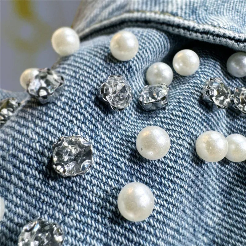 Pearl Bead Diamonds Light Blue Short Denim Jacket Irregular Single-breasted Puff Sleeve Jeans Jacket Spring Women Streetwear 241223