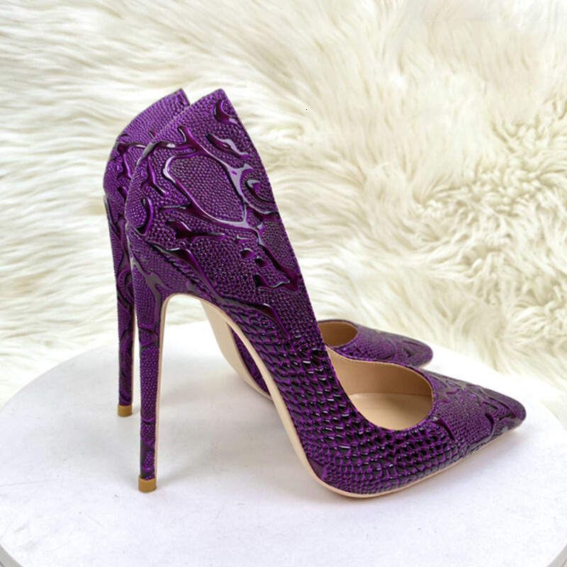 Purple Woman High Heeled Shallow Mouth Pointed Toe Slip On Unique Four Season All Game Pattern Snakes Shoes