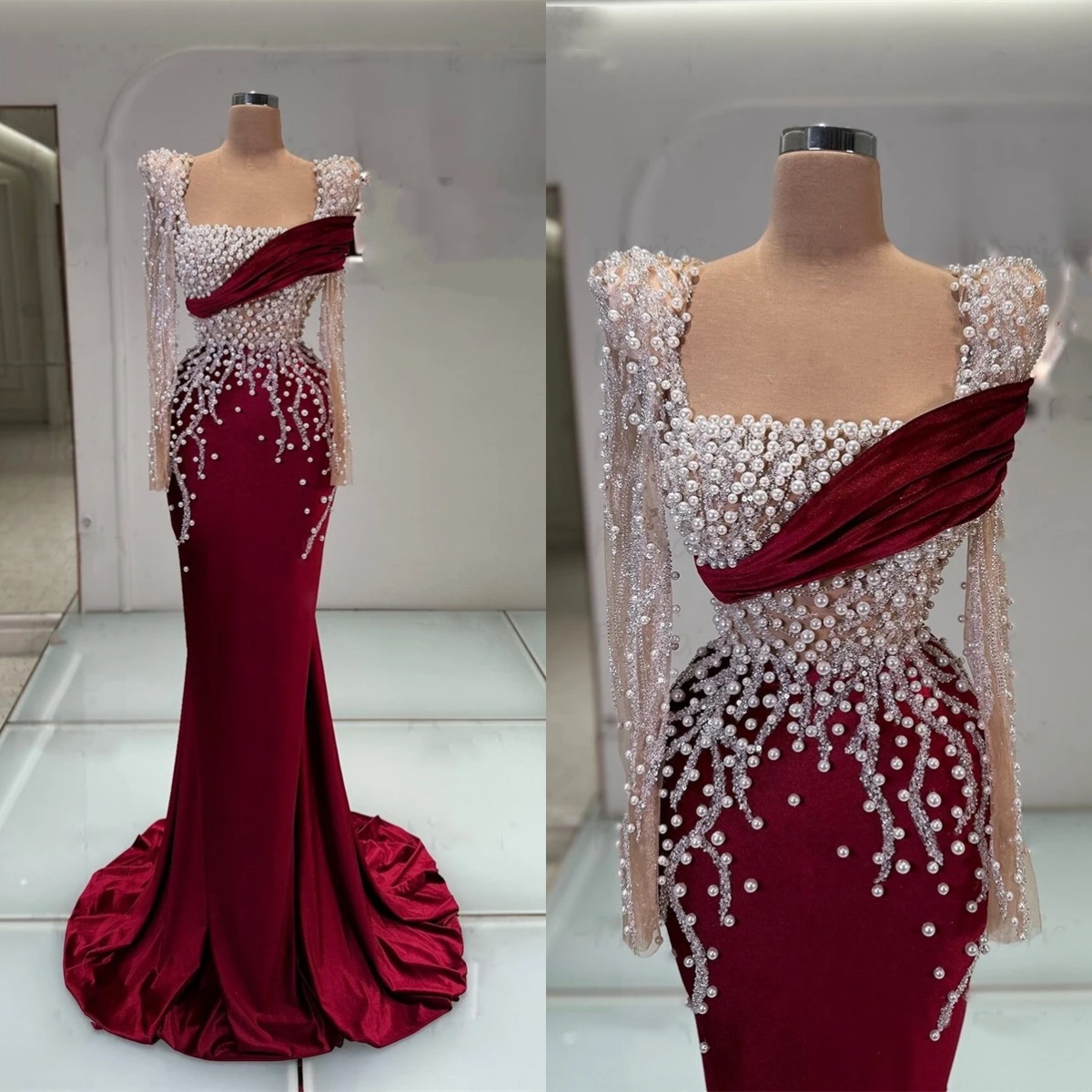 Designer Evening Dresses For Women Square Neck Long Sleeves Gown Sequins Pearls Beaded Customized Dress Party