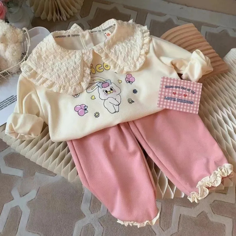 Kids Girls Clothes Sets Autumn Spring Cartoon Rabbits Girl Pullover TopsPants 2Pcs Fashion Children Sweatshirt Tracksuit 16Yrs 241225