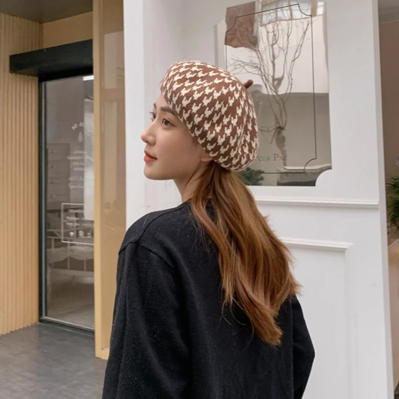 Autumn Winter Womens Thousand Bird Plaid Beret Style Beanie Knit Hat Warm keeping Fashion Artist Art Warm painter hat Cap 241226