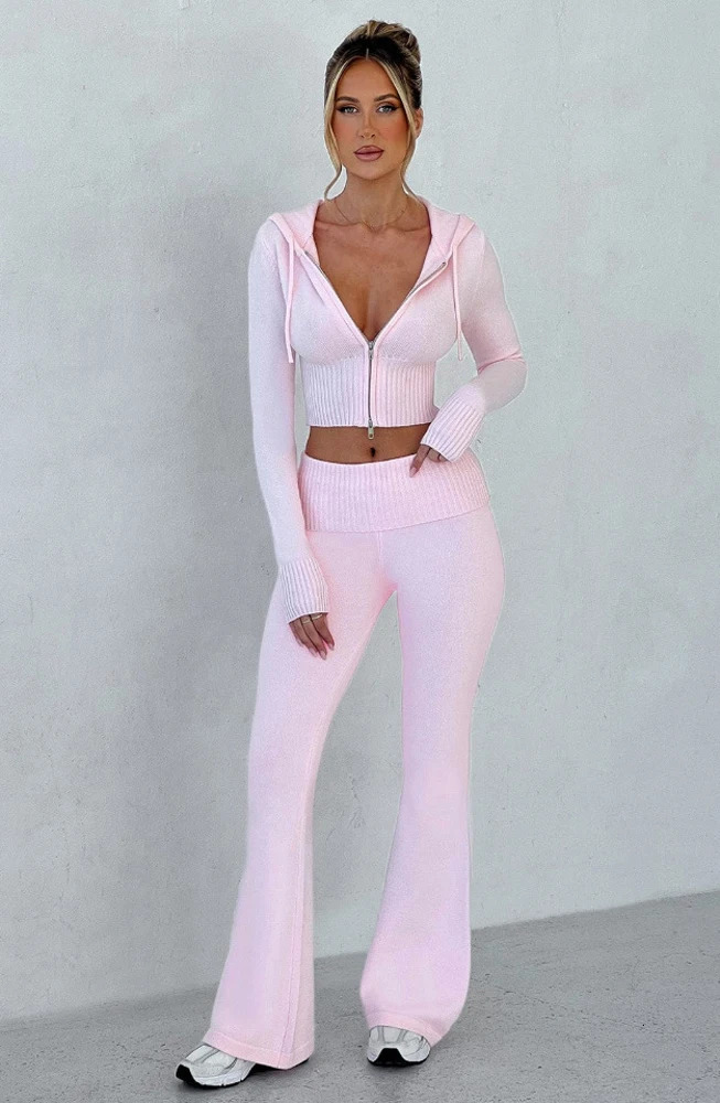 Fitted Knit Hooded Zip Jacket and Flared Pants Set Outfit Women Autumn Loungewear Sexy Elegant Pink 2 Two Piece Lounge Sets 241225