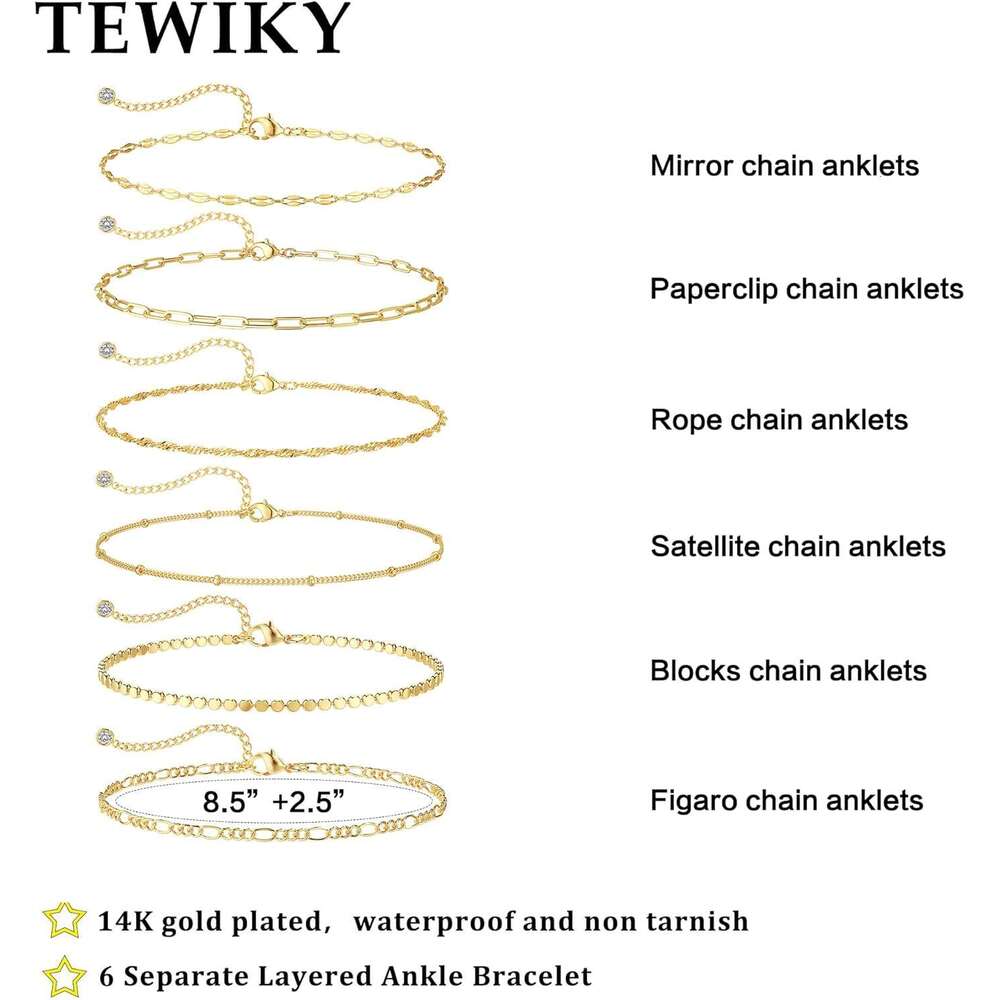 TEWIKY Waterproonkle Bracelets Women, 14K Real Filled Anklets 6PCS Thiny Herringbone Box Paperclip Bead Figaro Cuban k Anklet Set Dainty Gold for Wome