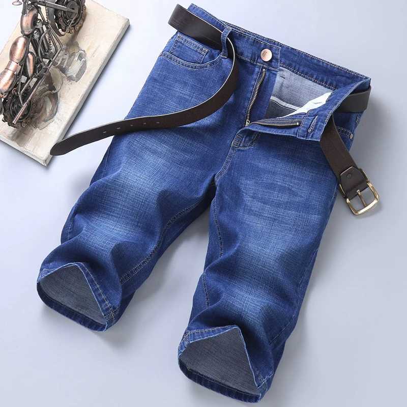 Mens denim shorts 2024 summer new thin elastic strength slim fit shorts mens brand clothing blue W241226
