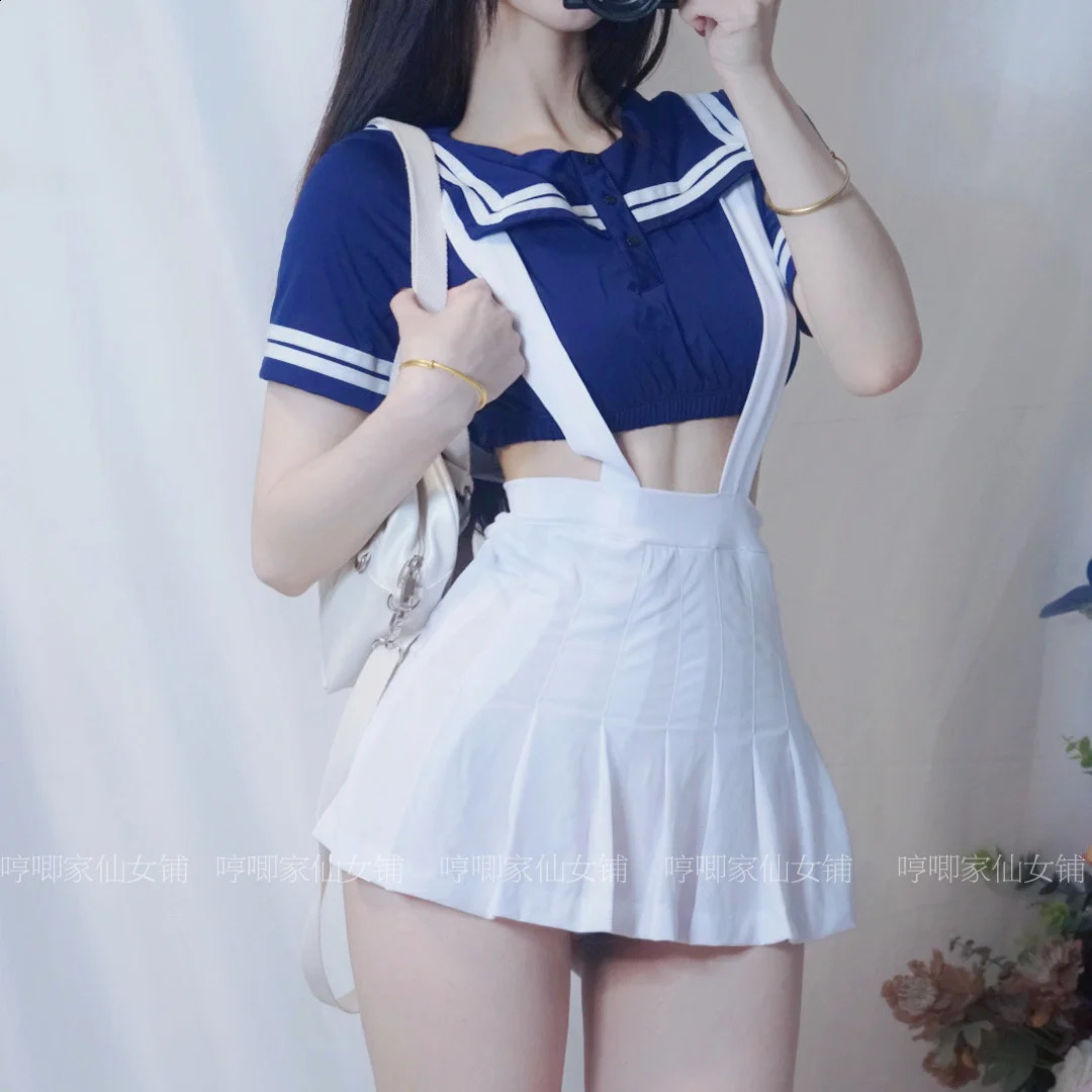 WOMENGAGA Preppy Style Sweet Sexy JK Lolita Strap Dress Mini Pleated Skirts T Shirt Fashion Two Piece Set Fairy Cute MB0D 241226