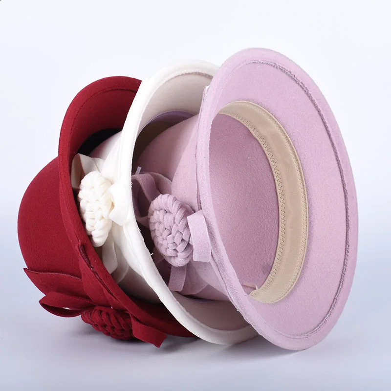 Womens Hat Winter Autumn Warm Ladies Church Bowler Hats Elegant Wool Fedora Hat Flower Vintage Felt Cap Red Pink White 241226