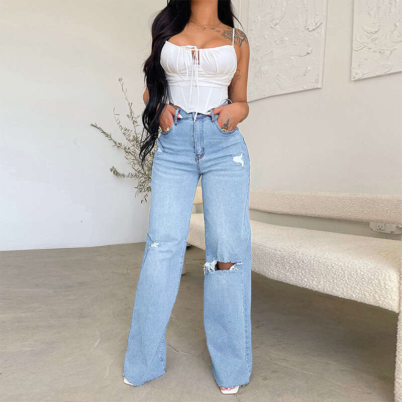 Women Jeans Wide Leg Pants Denim Waist Zipper Fly Washing Holes Pockets High Street Ankle Length Flash Spring