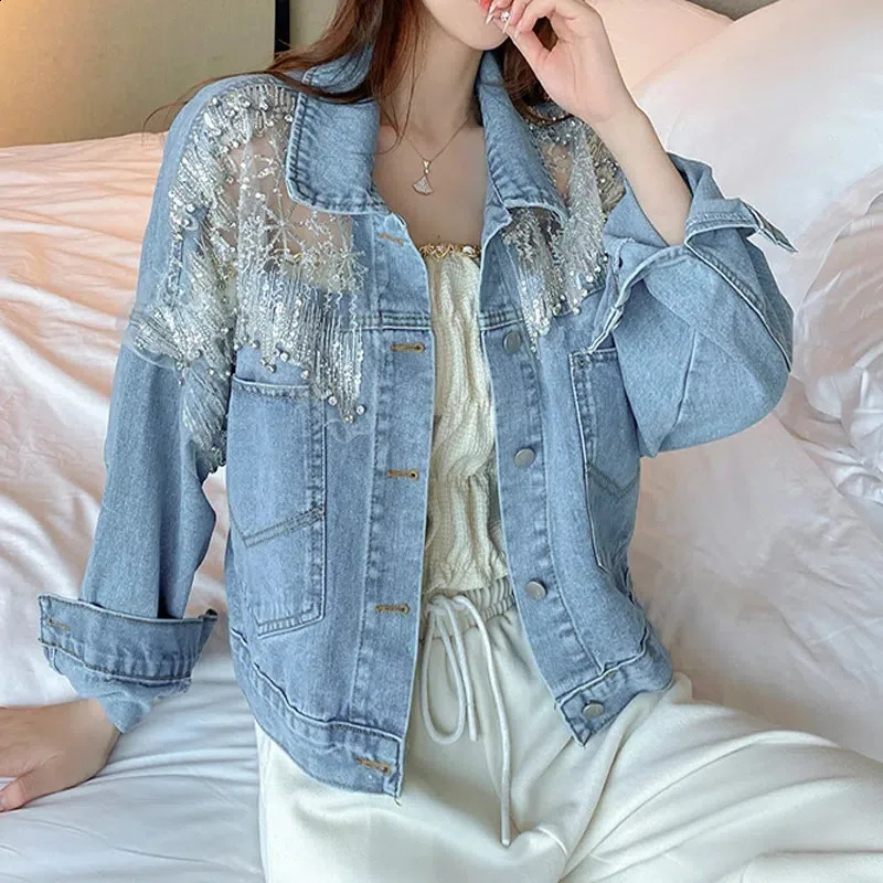 Fashion Beaded Diamond Mesh Denim Coat Spring Autumn Denim Jacket Short Casual Outerwear Tops Jeans Jacket Female 241223