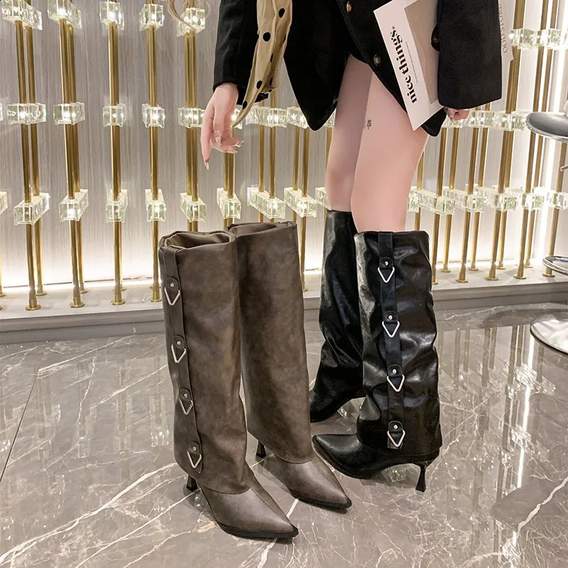 Knee-high Thin Heels Modern Slippers Spring/Autumn Slip-on Womens Shoes on Sale Pointed Toe Punk Womens Boots 241226