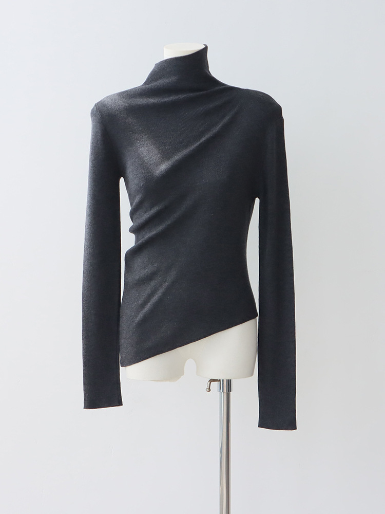 9484v1 Luxurious Asymmetric High Neck Wool Blend Sweater with Beveled Edges Perfect for Cold Seasons