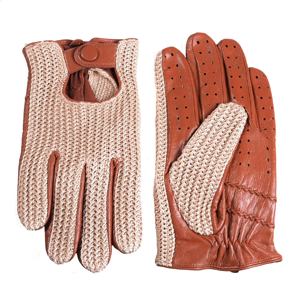 Mens Classic Real Leather Retro Unlined Driving Knitted Sports Riding Equestrianism Touch Screen Short Gloves 241226