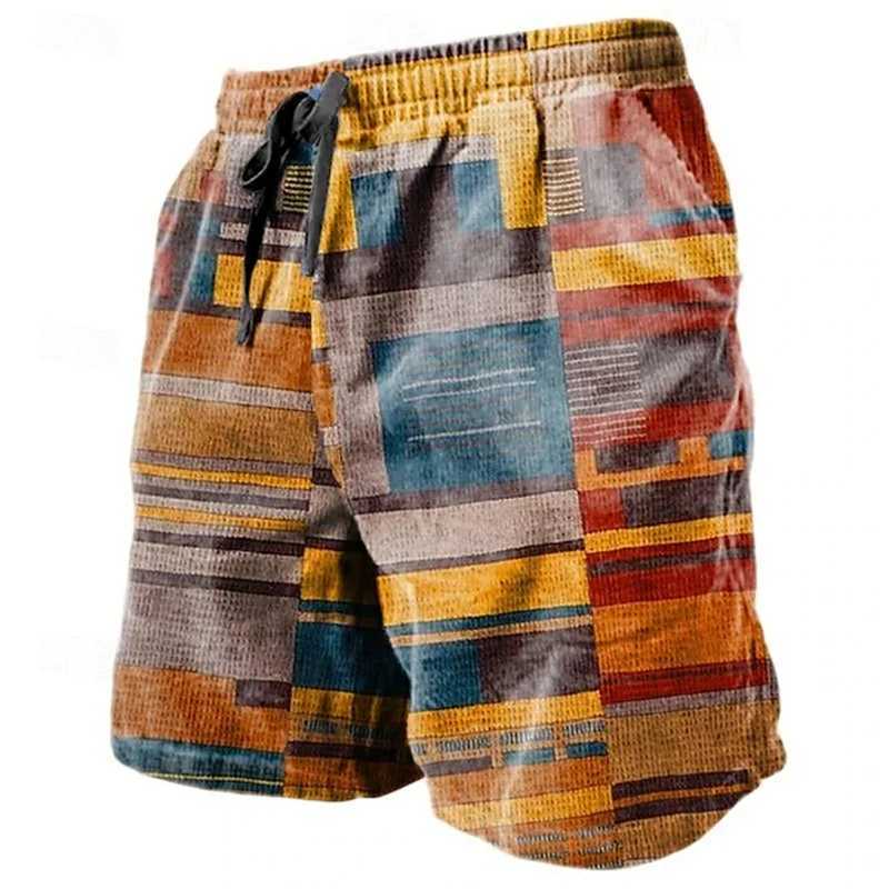 Retro checkered patchwork shorts for mens Hawaii vacation 3D printed geometric pattern swimming pants elastic drawstring beach pants W241226