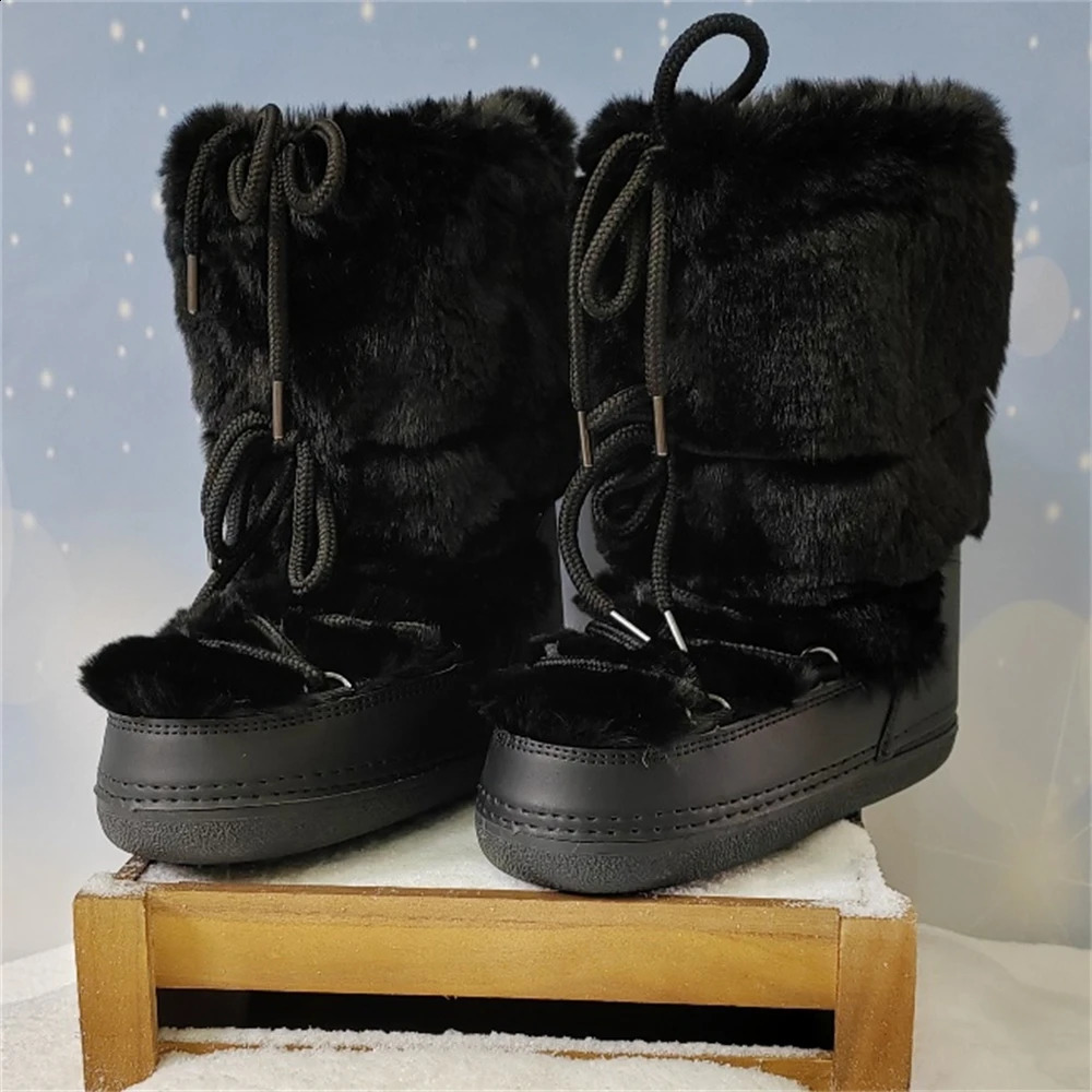 2024 Fur Winter Boots for Women Hairy Fluffy Furry Faux Fur Middle Calf Snow Boots Ladies Sexy Platform Black Fur Boots241226bj