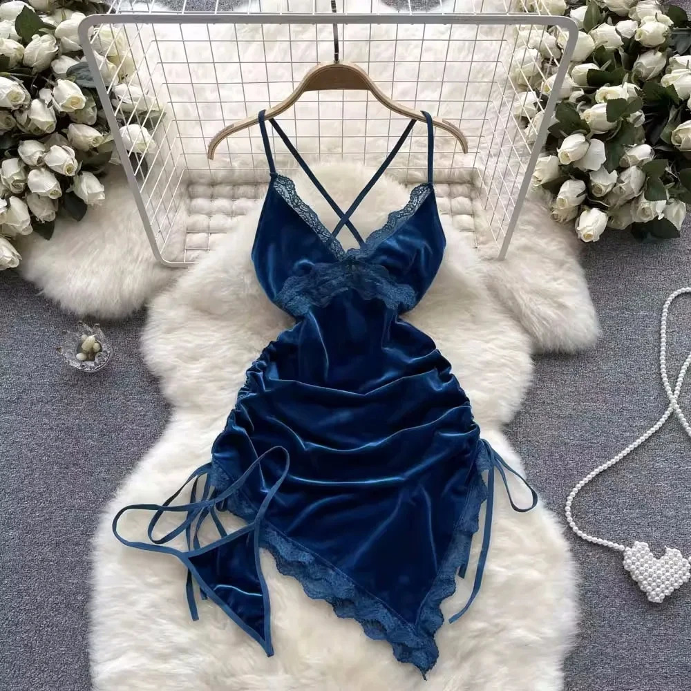 Sexy V-Neck Cross Strap Dress Lace Patchwork Irregular Pleated Nightwear Womens Erotic Lingerie Backless Sleeveless Pajamas 241226