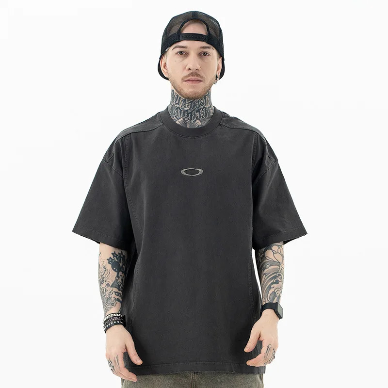 Niche fashion oak embroidery American heavy wash to make old retro street trend short-sleeved mens T-shirt 241225