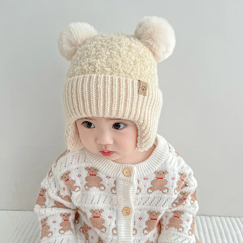 Cute Plush Ball Baby Earmuffs Cap Winter Warm Kids Ear Protection Hat Thicken Velvet Children Ski Bonnet 636M Toddler Beanies 241225