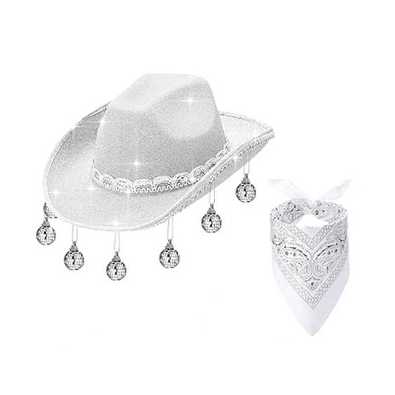 CocMouse Western Womens Cowboy Hat Shining Cowboy Hat Carnival Hat with Bandana Set Used for Disco Single Bride Wedding Parties W241225