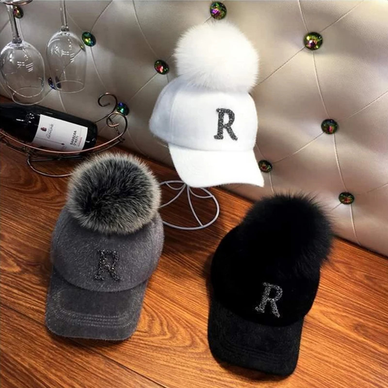 Autumn Winter Warm Baseball Cap Women Rhinestone Letter Pompom Hip Hop Caps Ladies Girls Fur Ball Casual Sun Hats 241226