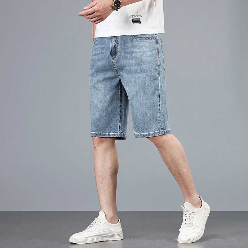 Cotton mens casual denim shorts summer new retro elastic suitable for straight elastic knee length jeans brand clothing W241226