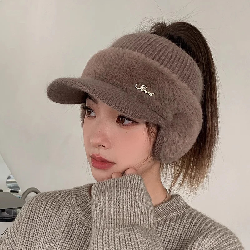 Winter Hat for Women Fashion Winter Warm Ear Wing Knitted Cap Baseball Cap Outdoor Sports Windproof Ponytail Hat Visor 241226