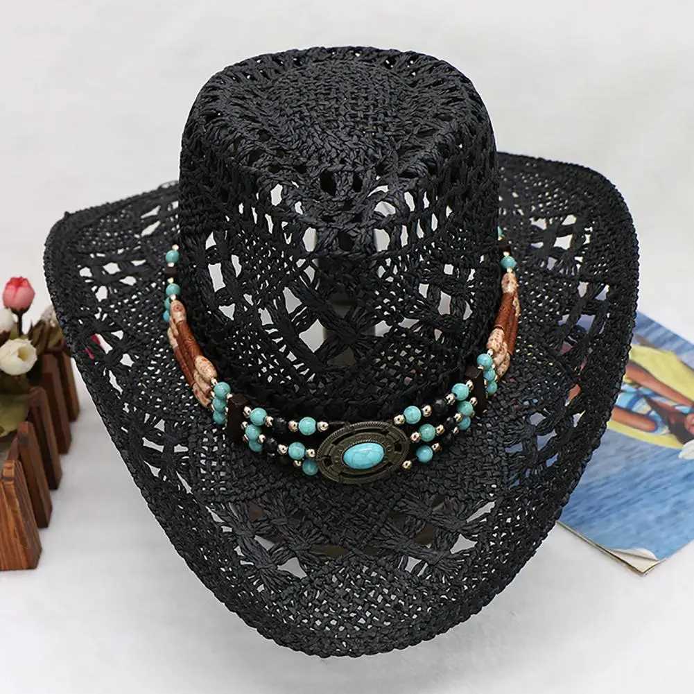 Per Rope Woven Sun Hat unisex Str Beads cowboy hat retro western cowboy hat mens gentleman hat La Jazz cowboy hat W241225