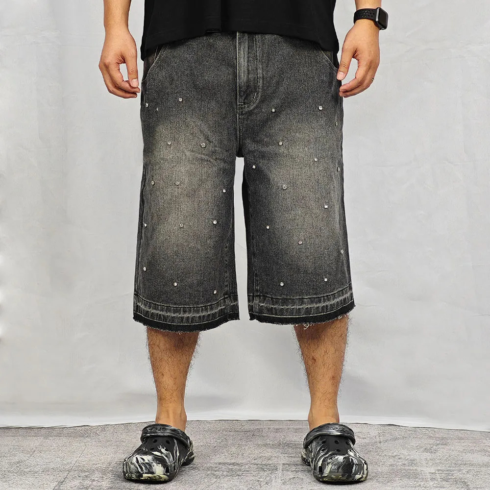 PEERAGE Y2k Retro Rhinestone Washed Wide Leg Baggy Long Jorts Men Streetwear Oversized Frayed Black Grey Loose Denim Jean Shorts 241225