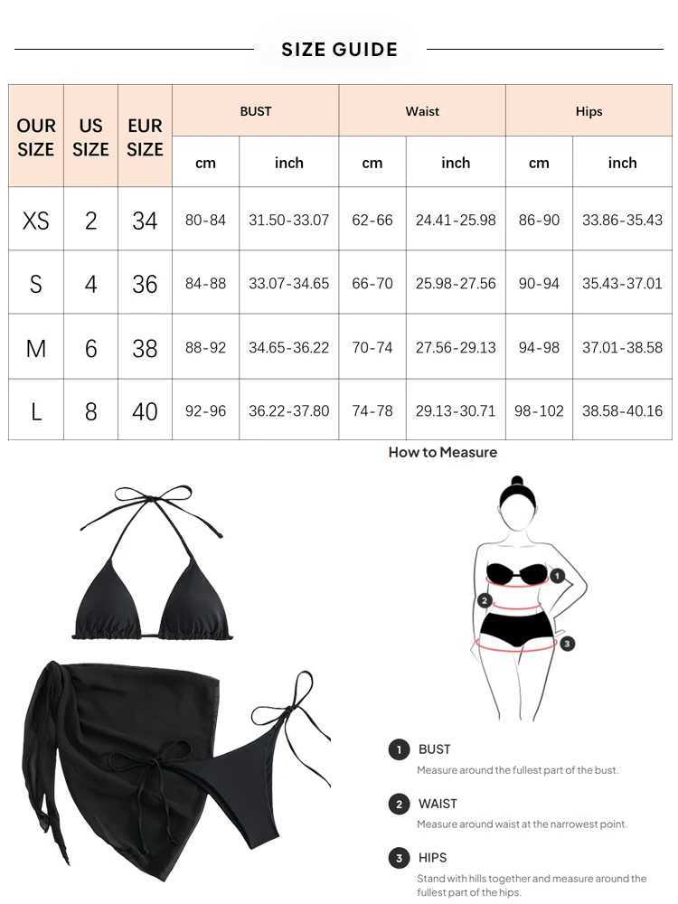 Womens 3-piece swimsuit solid suspender triangle tie bikini swimsuit covered beach skirt mini skirtW241225