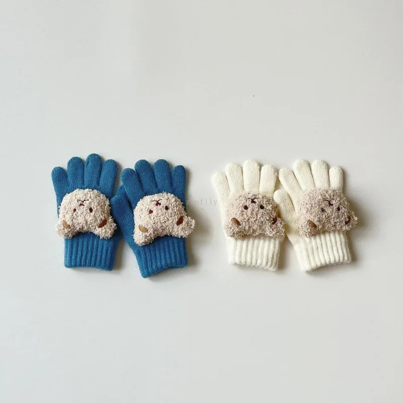 37Y Baby Cartoon Bear Mittens Winter Warm Kids Girl Solid Doll Gloves Knitted Children Toddler Thick Teething Mitten Handschoen 241225
