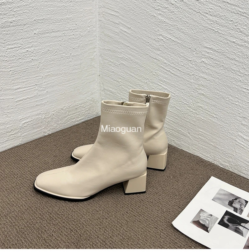 Autumn Heel Ankle Boot Fashion Square Toe Zipper Elegant Ladies White Casual Short Chelsea Boots Soft Leather PU 241226