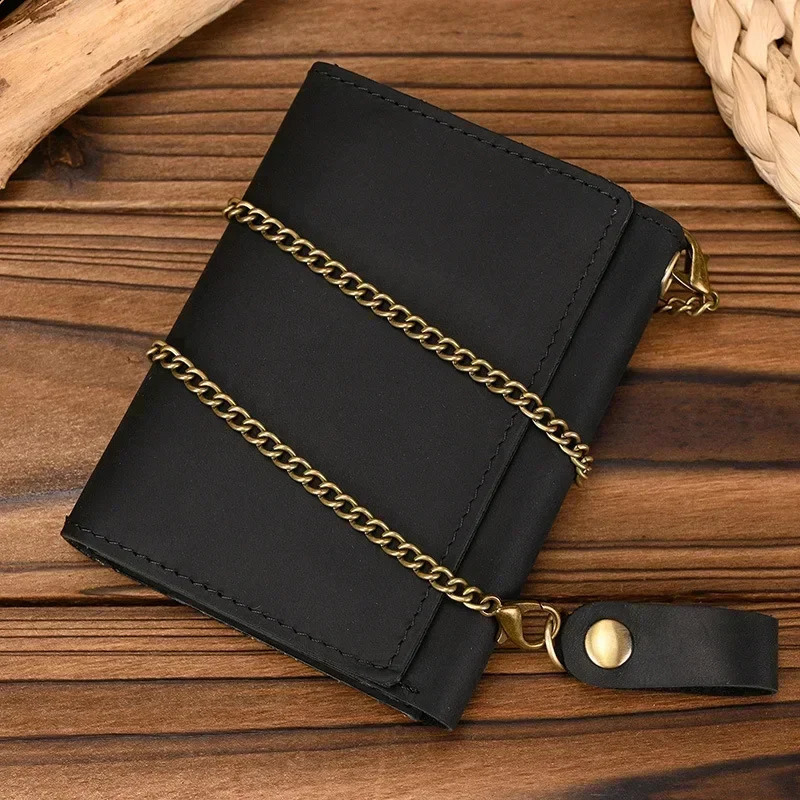Men Genuine Leather Short Wallet with Chain Zipper Clutch Wallets Male Short Trifold Purse Card Holder Change Coin Purse 241224