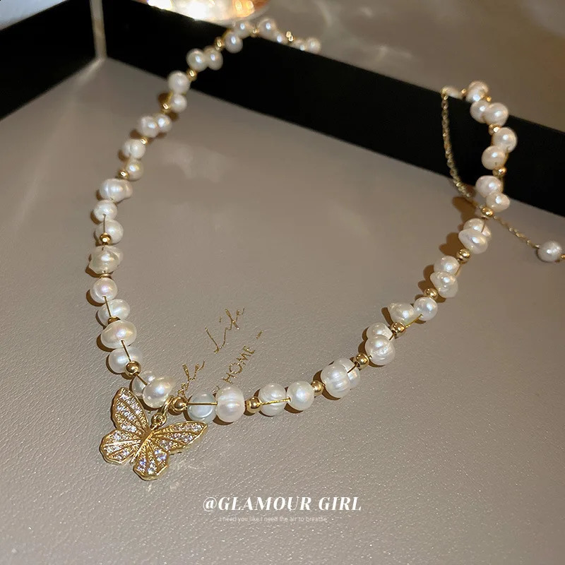 Elegant Butterfly Shiny Crystal Natural Freshwater Baroque Pearl 14K Gold Filled Ladies Necklace Jewelry For Women Short Chain 241226